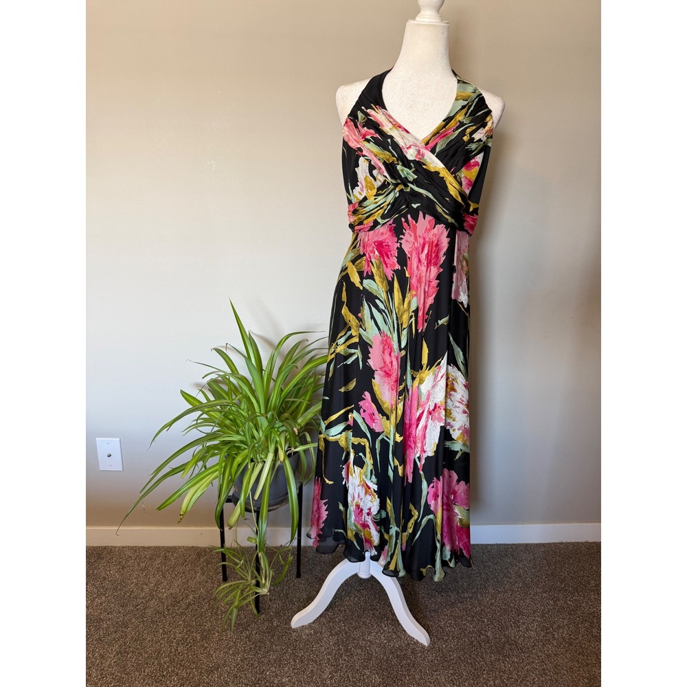 Carmen Marc Valvo Silk Floral Halter Dress 14 Black Pink EUC Ruched  Couture Lux